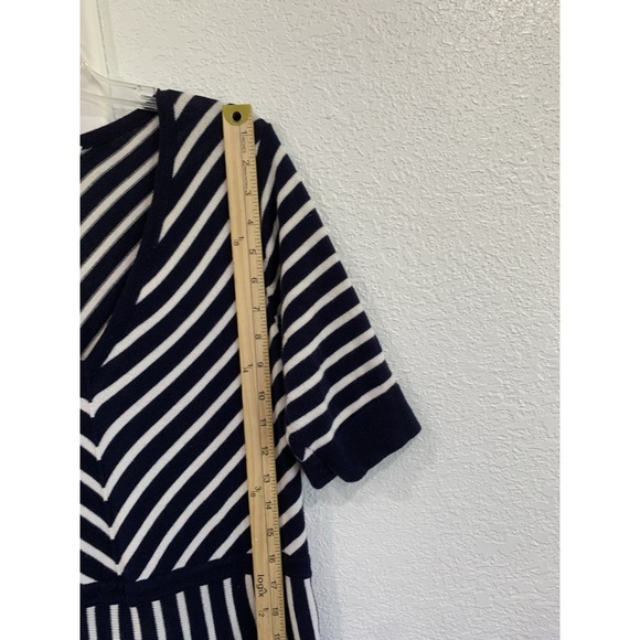 Boden Knit dress women 16L Navy Blue striped Amelie V-Neck Half Sleeve Fit Flare - Picture 8 of 14
